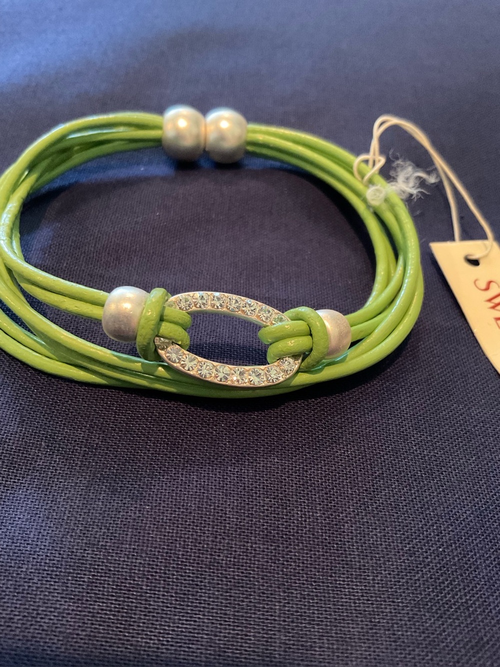 Green Multi-Strand Leather Bracelet with Crystal Oval Accent